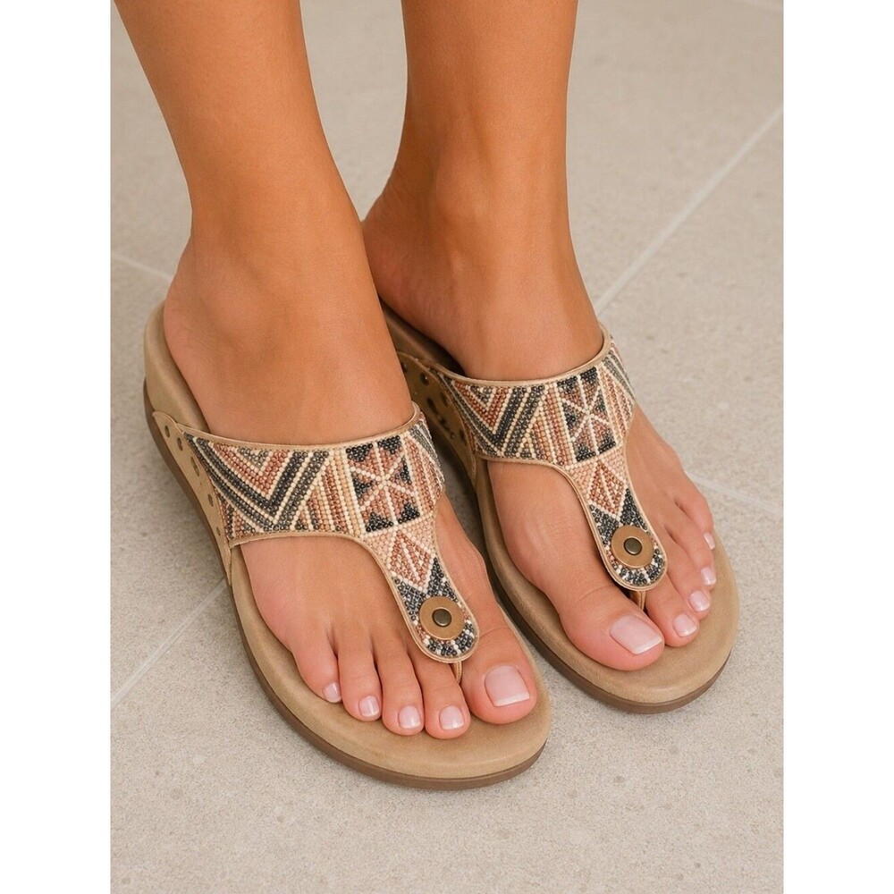 Blowfish Malibu Lyric Cream & Tan Sandals, Beaded Thong, Size 7.5